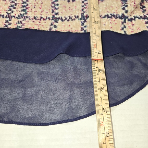 Lucky Brand Womens Small Plaid Split Back Layered Knit Top Navy Pink Cream S - Picture 6 of 10